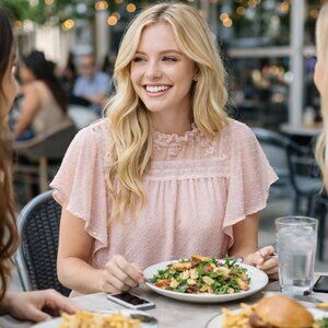 BIBI Swiss Dot lace ruffled neckline cap sleeves detail top Blush Pink Size XL